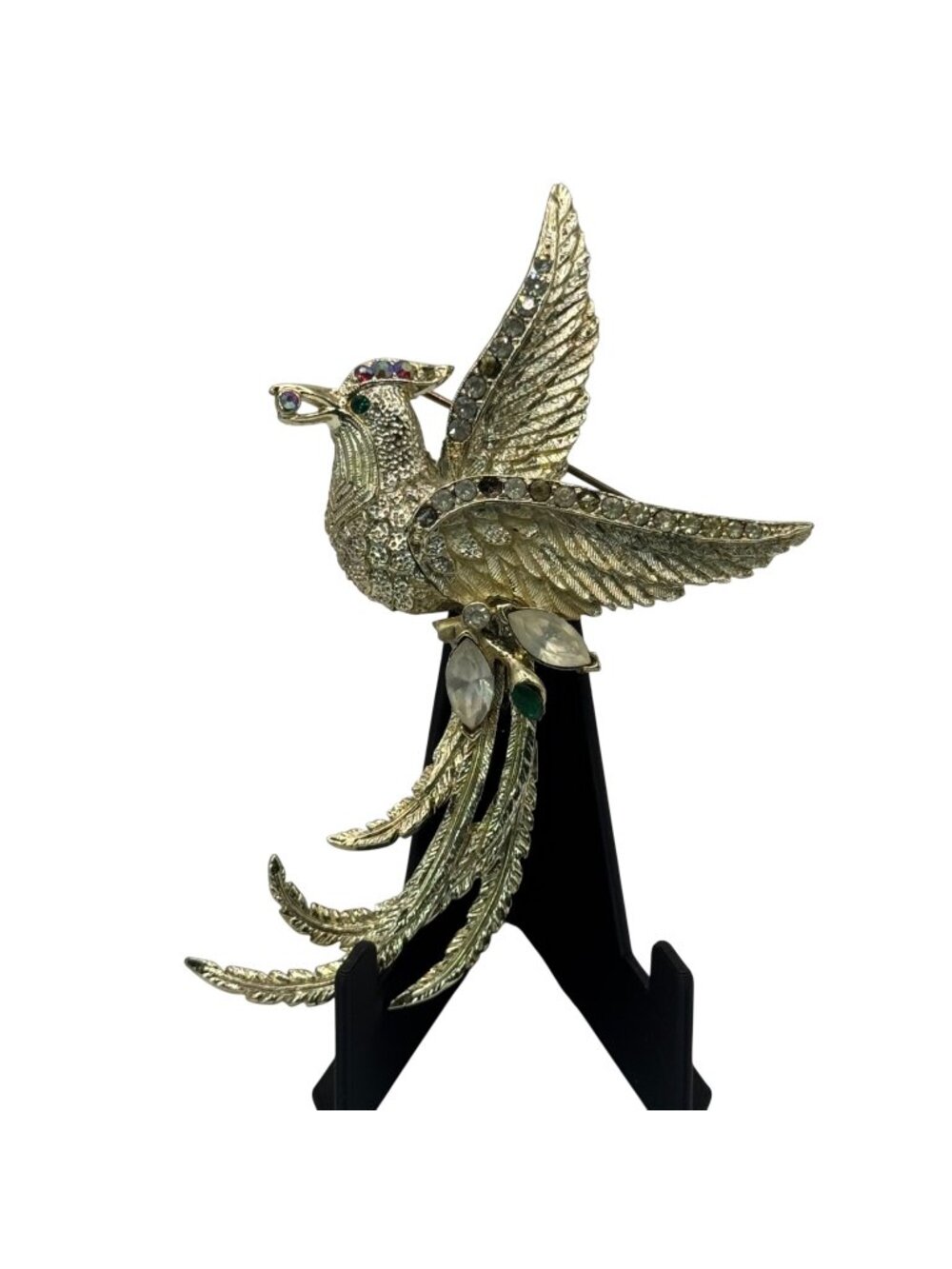 Vintage Dodds Gold-Tone Rhinestone Bird of Paradise Brooch Pin Statement 3" READ
